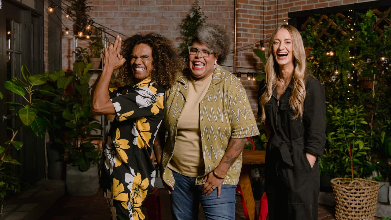 Nornie Bero (centre) with Sean Choolburra (left) and Mindy Woods (right)