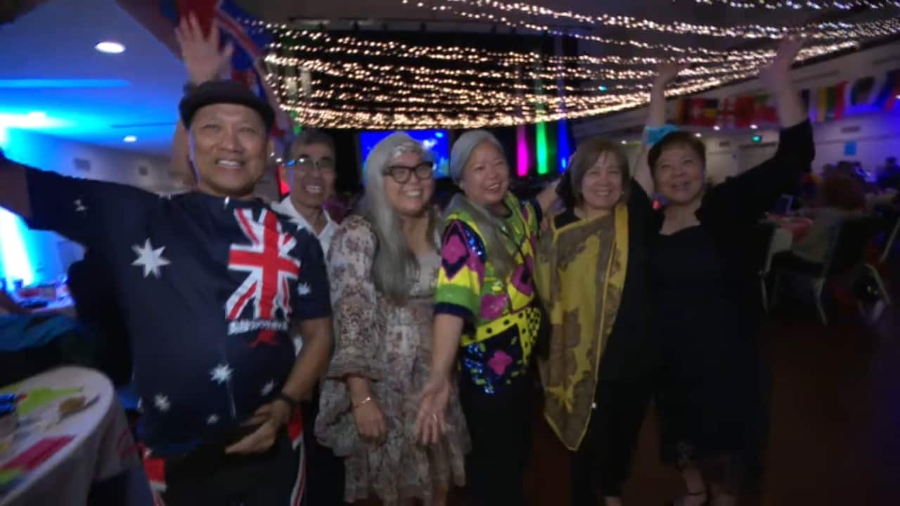 Relatives of Sheldon Riley cheer him on at a Eurovision Broadcasting Party in Hurstville, Sydney.