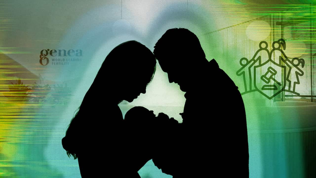 Graphic art of a silhouette of a pair holding a baby, a motif of a family court in the background