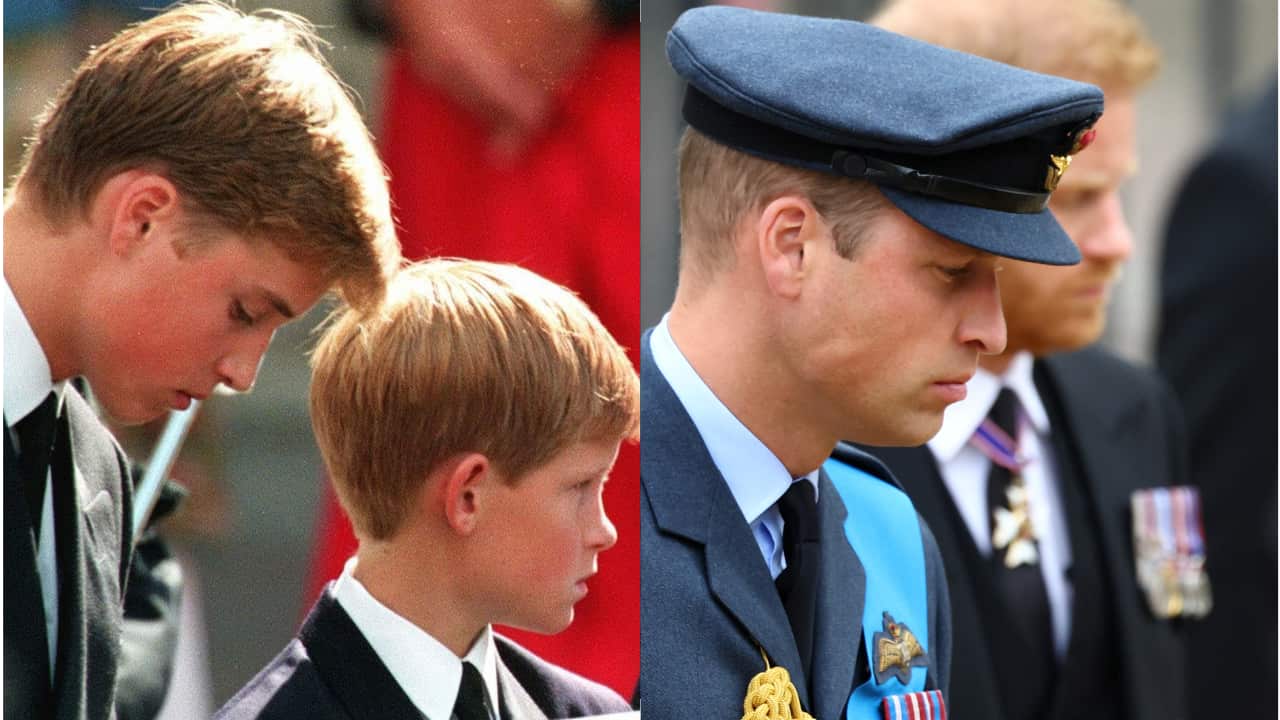 Williiam, the now Prince of Wales, and Harry, Duke of Sussex, pictured during the funeral of their mother, Princess Diana in 1997 and during the state funeral of their grandmother Queen Elizabeth II in September 2022. 