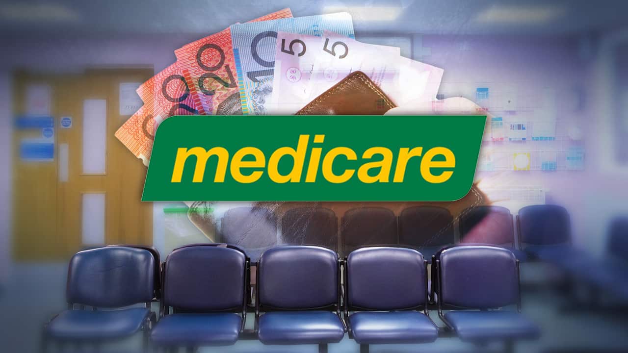 Logo of Medicare with money behind it in a GP clinic. 