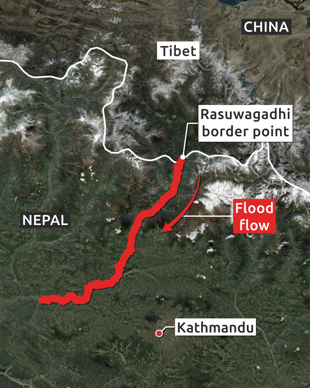 A map showing where the flood hit in Tibet-Nepal.