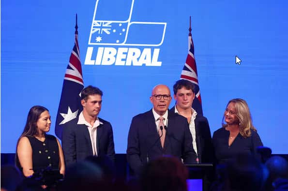 Australian Liberal Party leader Peter Dutton, third left, stands with his family as he makes his concession speech following the general election in Brisbane. Source: AP / Pat Hoelscher/AP
