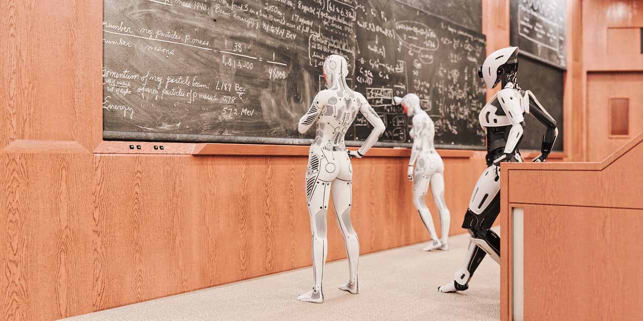 Robots standing at a blackboard.