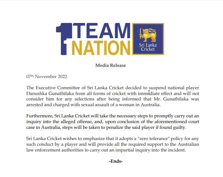 Sri Lanka Cricket suspended Danushka Gunathilaka from all forms of cricket with immediate effect