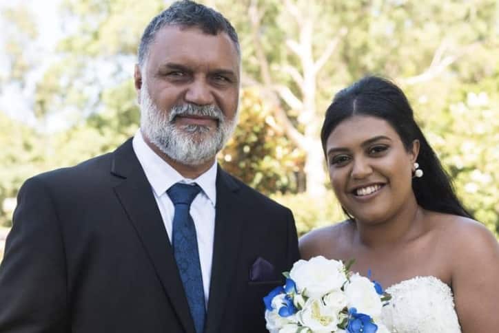Pambalong woman Kumarah Kelly, CEO of Awabakal Local Aboriginal Corporation (right), with her father and Community Elder, Dr Ray Kelly (left) on Kumarah Kelly's wedding day. 