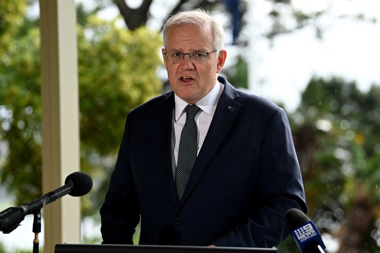 Prime Minister Scott Morrison speaks to the media during a press conference at Kirribilli House, in Sydney, 