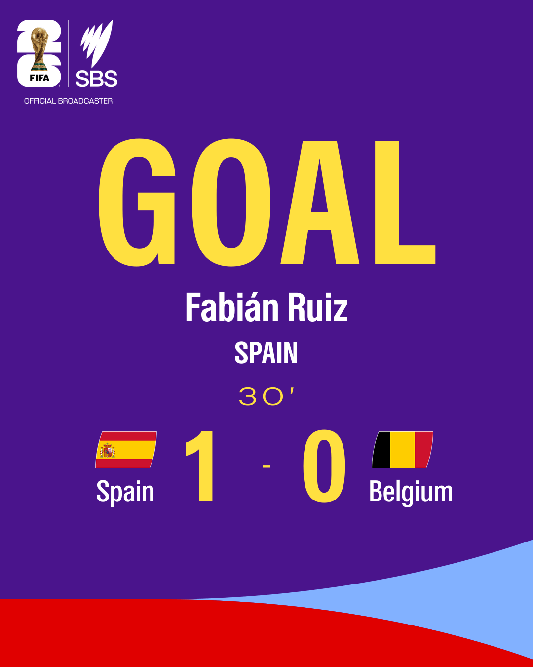 A colourful graphic showing the first goal from Spain v Belgium quarter-final at the World Cup 2026.