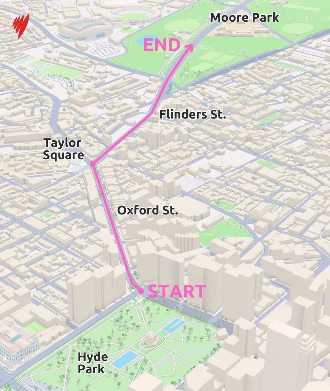 A map of Sydney's Gay and Lesbian Mardi Gras Parade route