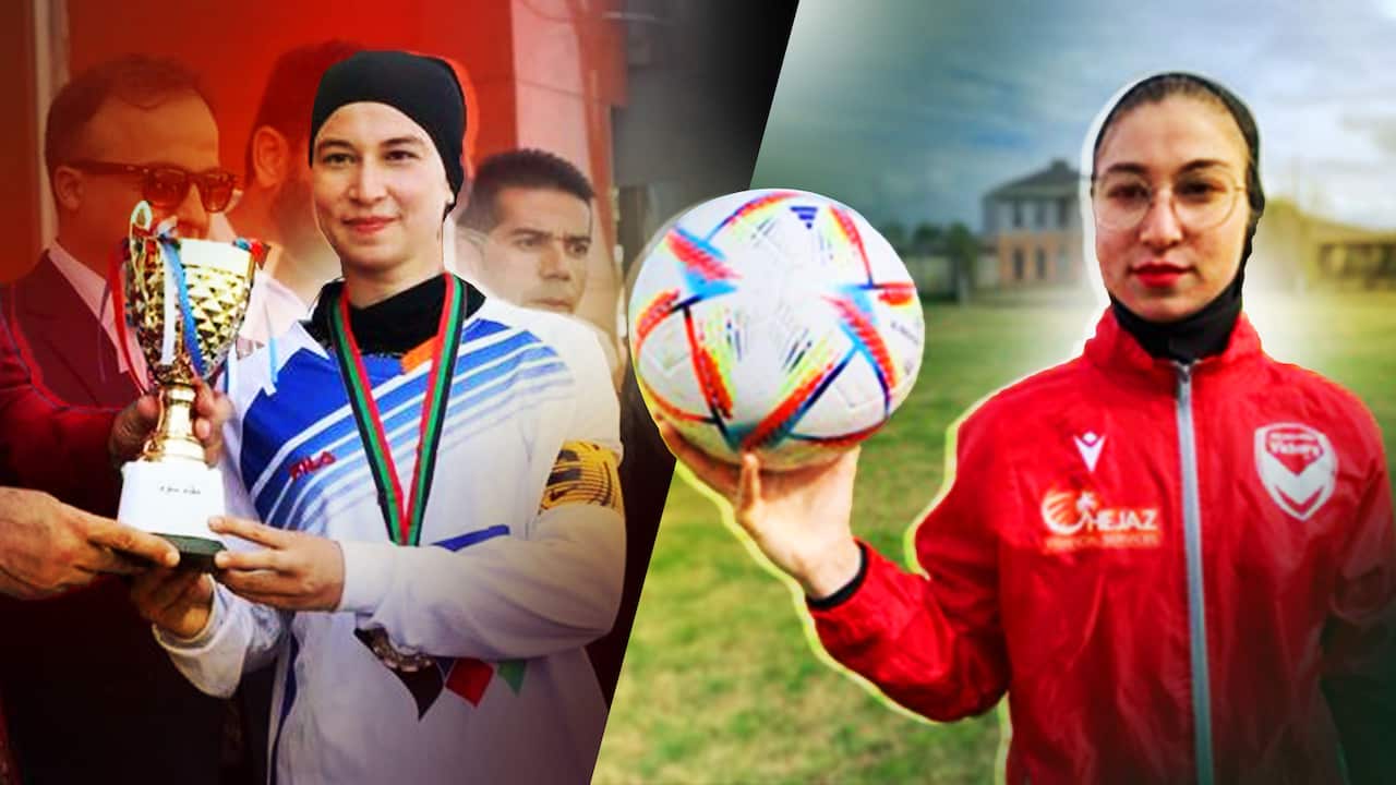 Mursal accepting a trophy (left) and holding a football in Melbourne (right). 