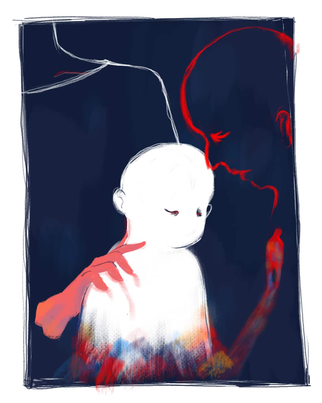 An illustration depicting a young boy looking downcast. A faceless person with a red hand stands behind him and touches his shoulder while the figure of an adult man looks on.