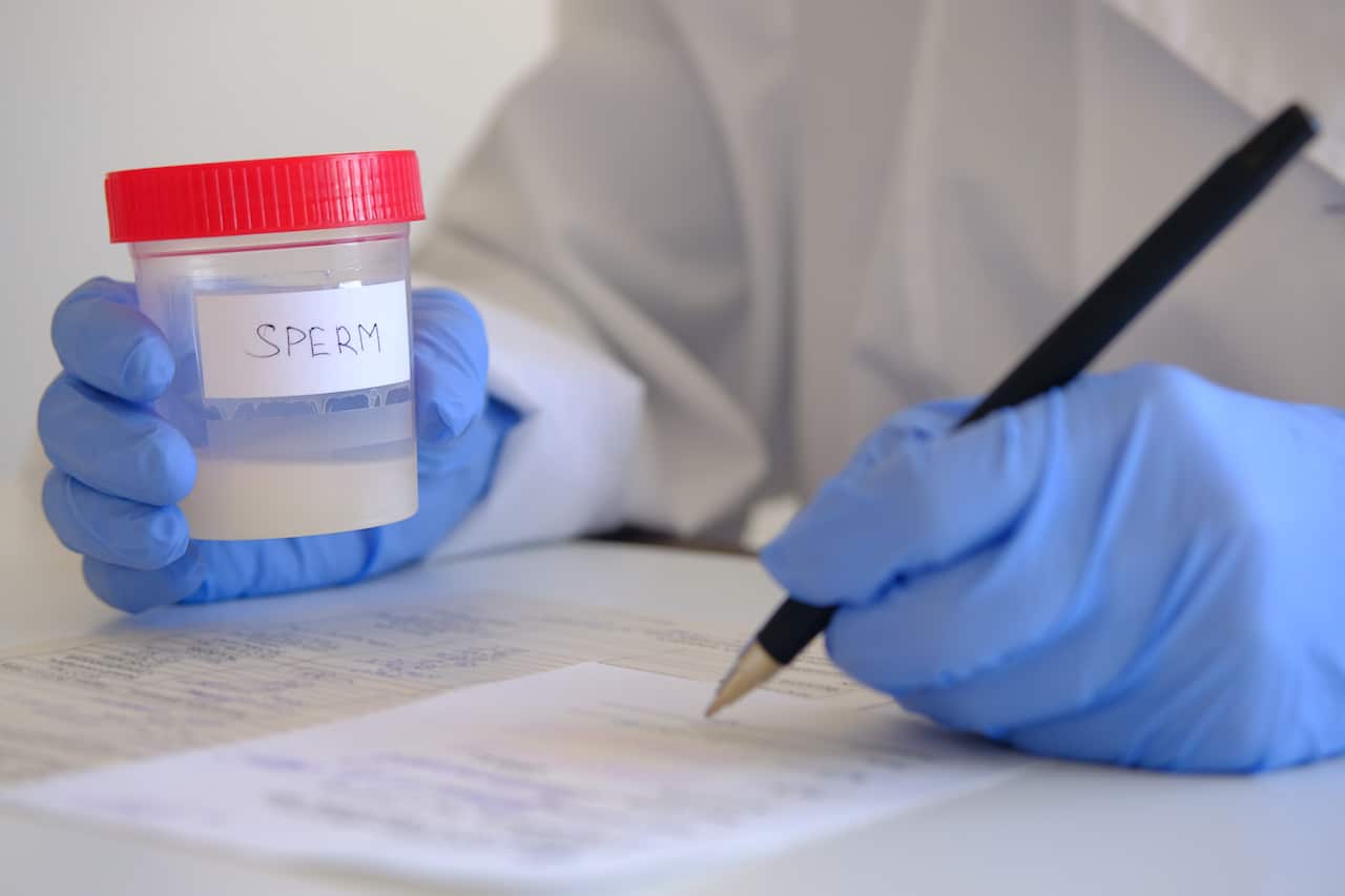 A doctor in medical gloves with a pen in his hands writes down the results of studies or fills out forms of documents. Next to the semen analysis container. Donor sperm for artificial insemination. The concept of scientific experiments and tests.