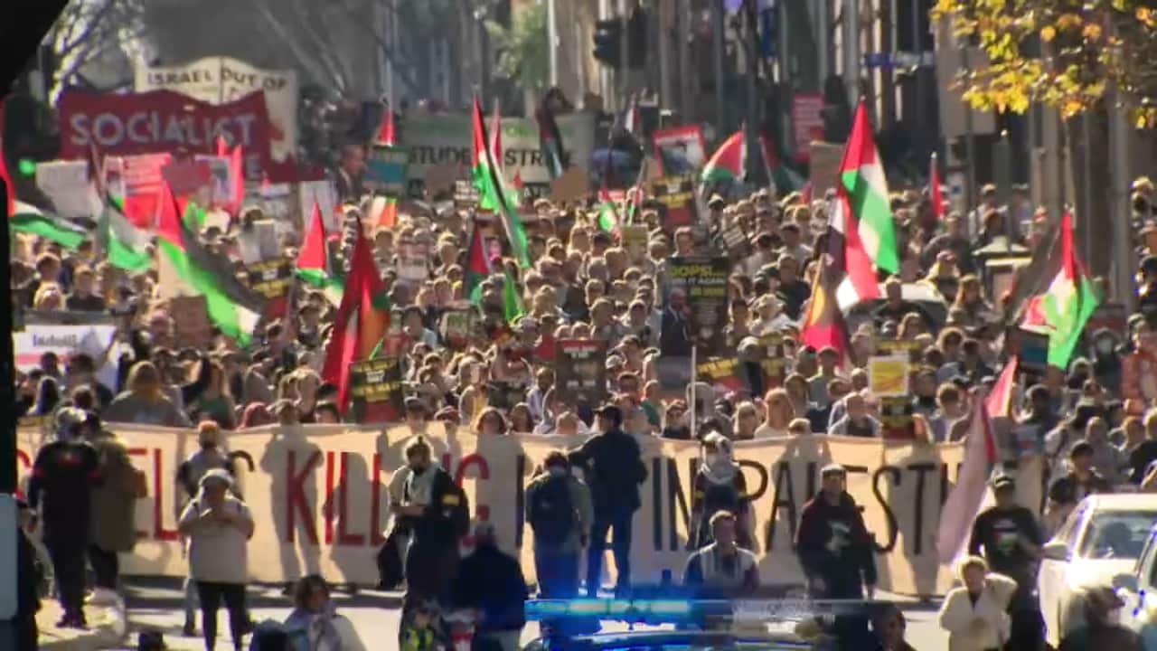 A large group of protesters, many holding Palestinian flags, march down a street.