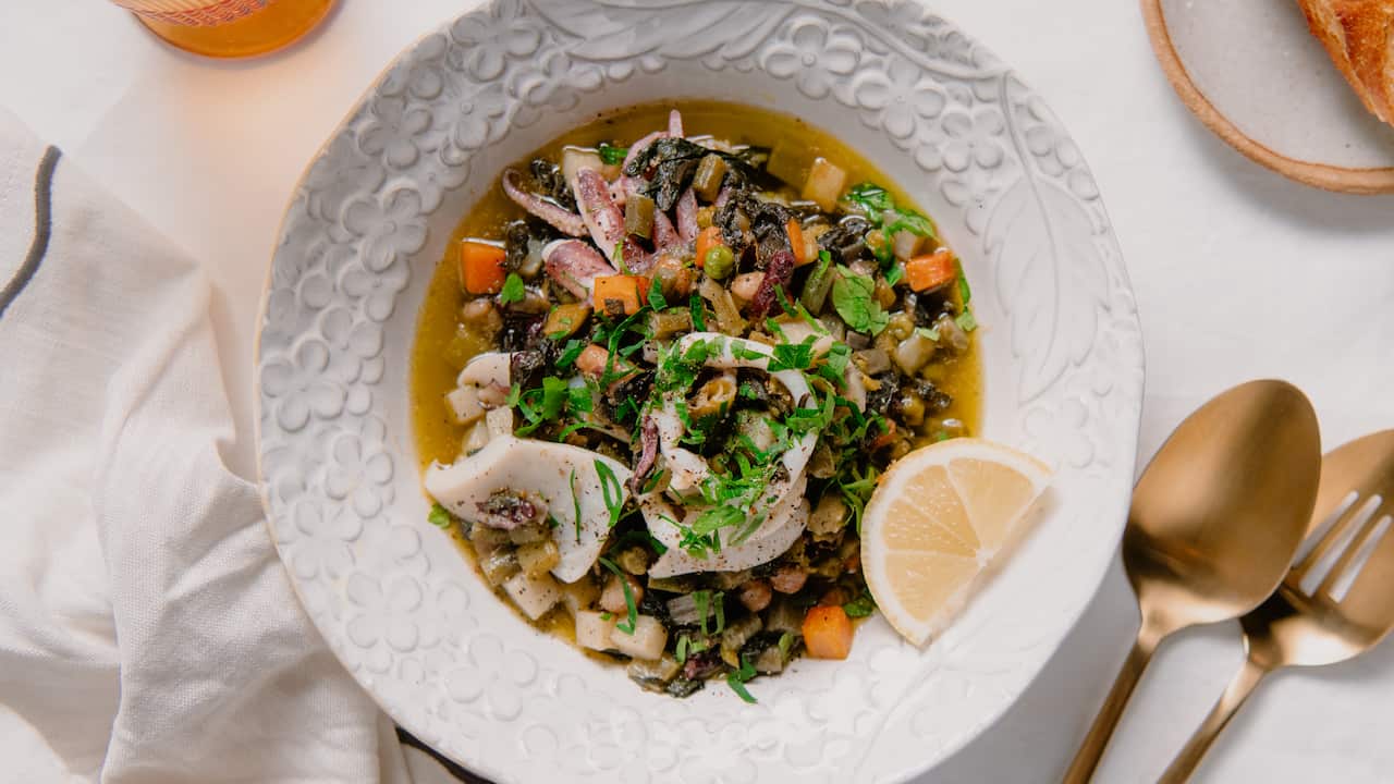 Spring vegetable confit with squid & herbs