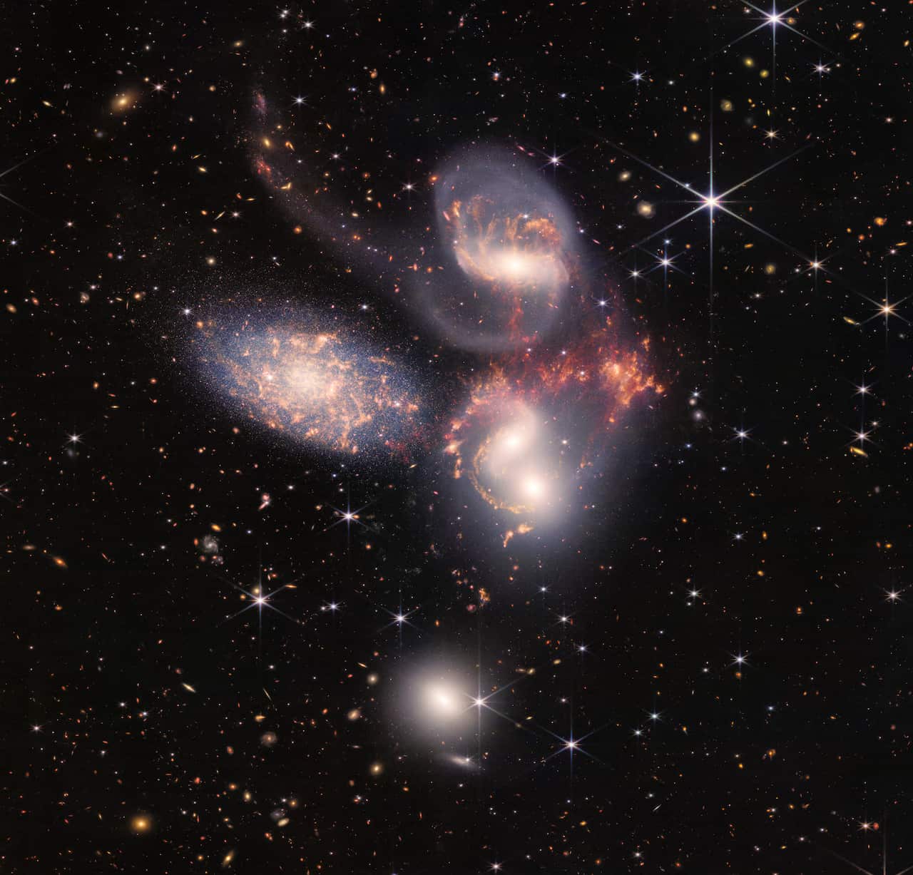 An enormous mosaic of Stephan’s Quintet is the largest image to date from NASA’s James Webb Space Telescope, covering about one-fifth of the Moon’s diametre. It contains over 150 million pixels and is constructed from almost 1,000 separate image files. 