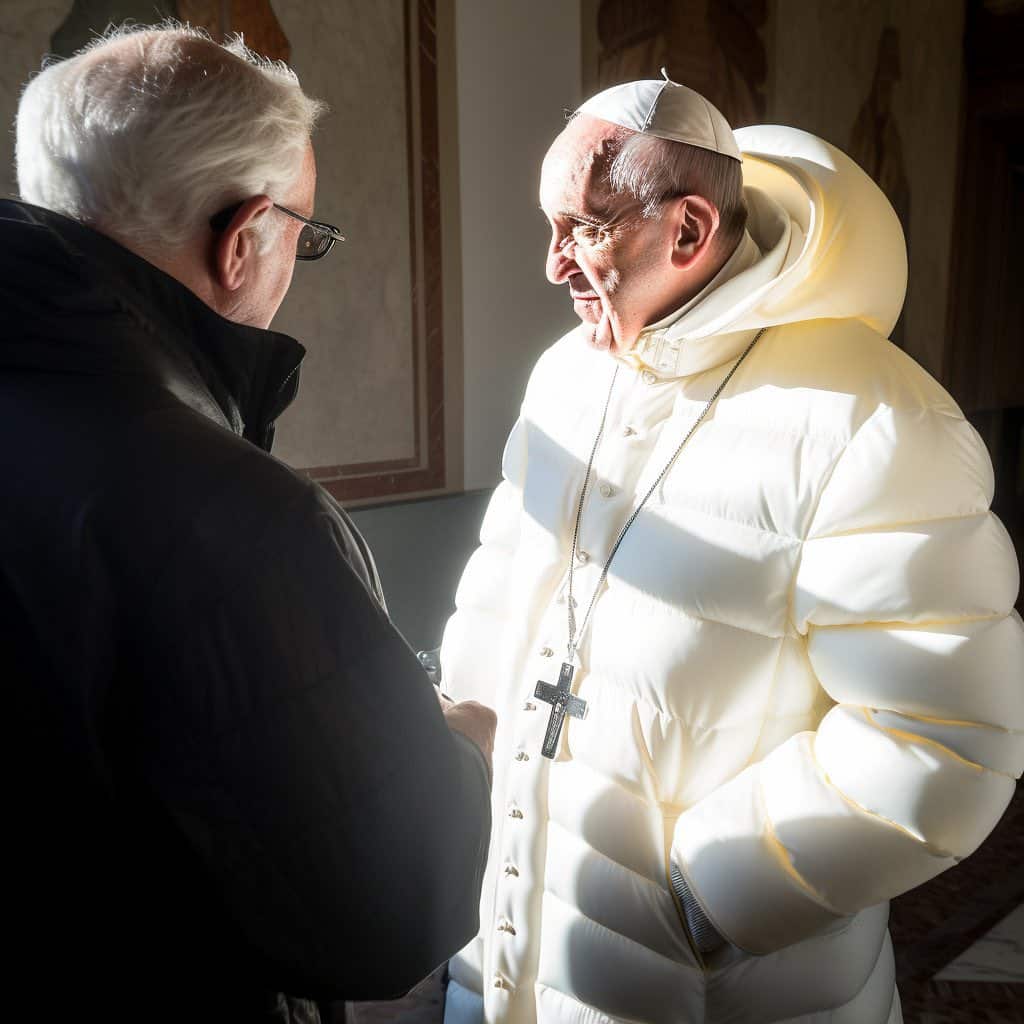 The Pope smiles as the light shines on him with a puffer jacket on. 