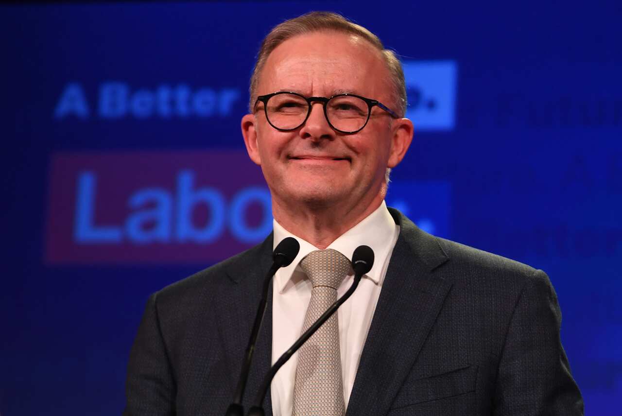 Australian Opposition Leader Anthony Albanese speaks after winning the 2022 Federal Election at the Federal Labor Reception at Canterbury-Hurlstone Park RSL Club.