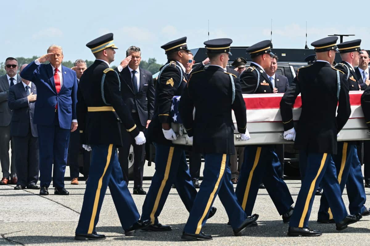 US President Donald Trump attends a dignified transfer solemn event for US service members killed during operations in the Middle East