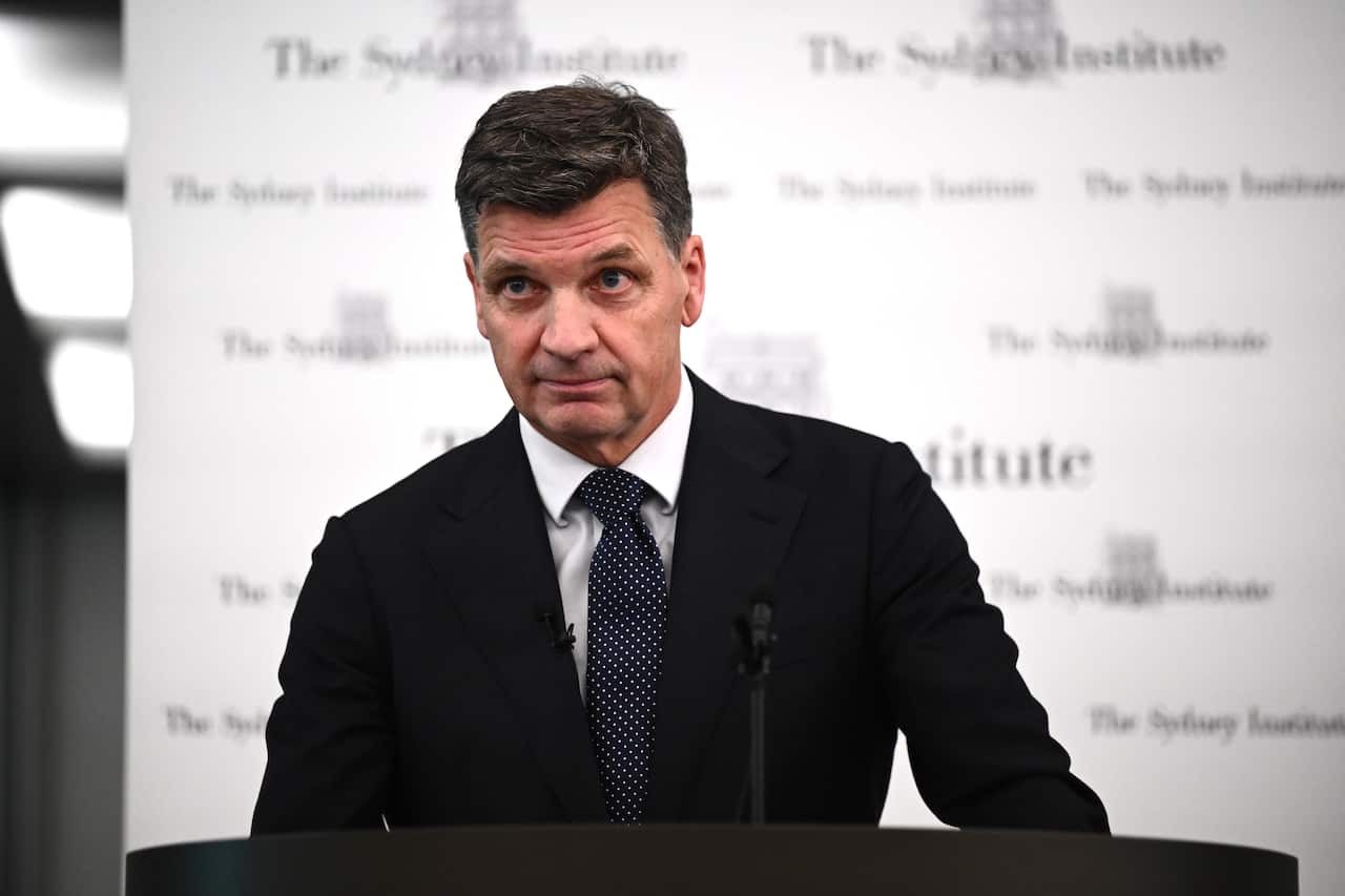 Angus Taylor speaking in Sydney behind a lecturn with a white background, wearing a polkadot tie