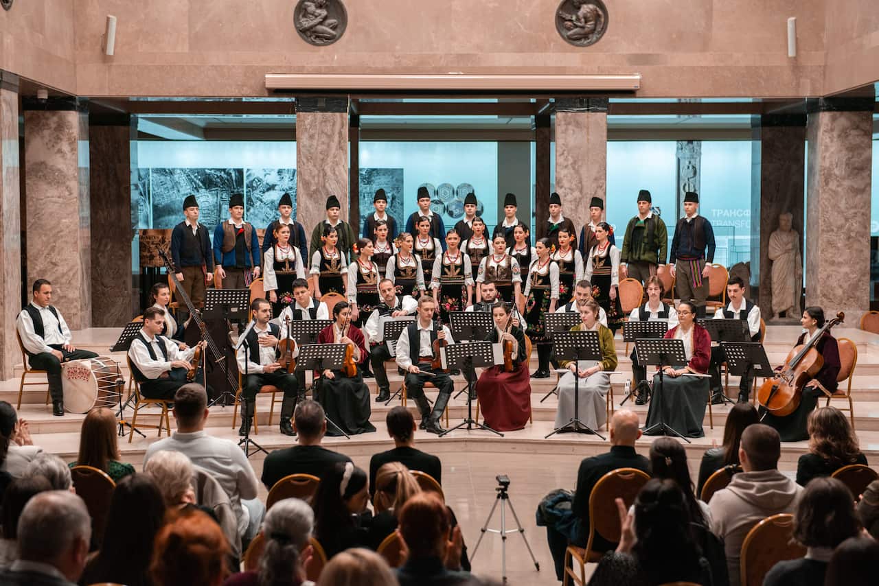 Folkloric ensemble KUD Koturovic from Belgrade, Serbia, performs a traditional song