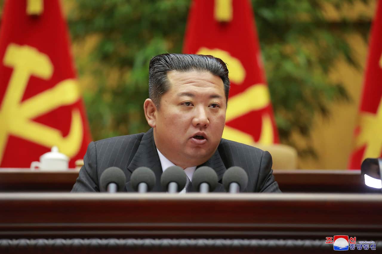 North Korean leader Kim Jong Un speaks in a ruling party meeting in Pyongyang, North Korea.