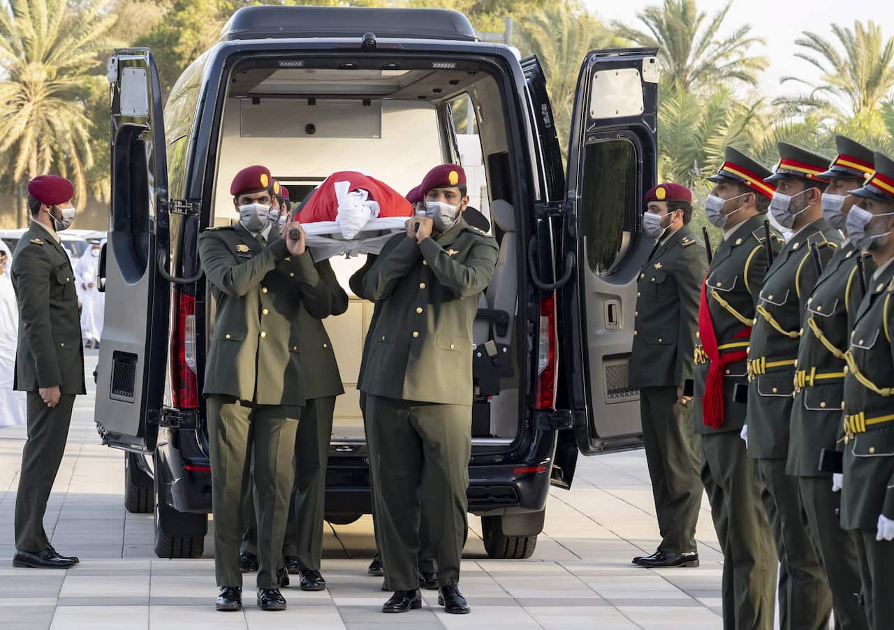 UAE Honor Guard pallbearers at the funeral prayer for Sheikh Khalifa bin Zayed Al-Nahyan, president of the United Arab Emirates, in Abu Dhabi, UAE, on 13 May 2022.
