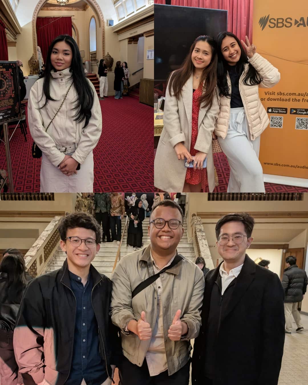 Top, L-R: Luna Kirana, Soraya, Salsabyla. Bottom, L-R: Ramzy, Adjie, Bian. Audience members at the Temulawak 2026 musical theatre performance.
