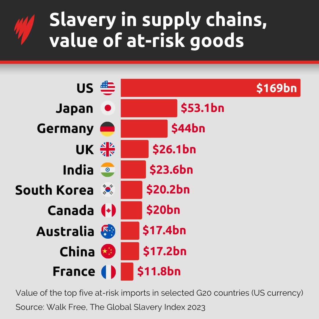 A chart showing the value of goods imported into selected G20 countries that have a connection to slavery.