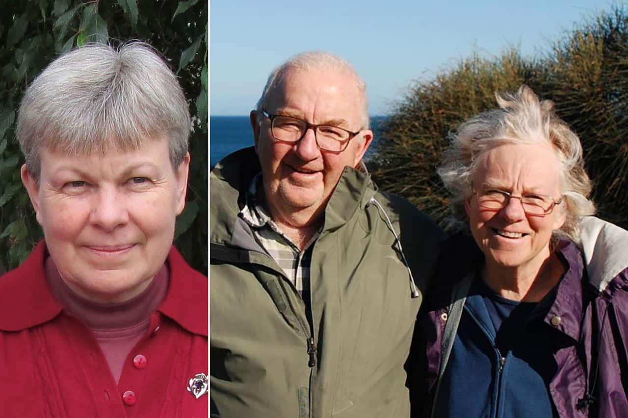 A composite image of a woman in a red jumper next to a man and a woman in coats.