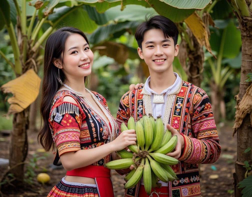 Hmong young couple holding a bunch of banana together (Hmong AI).jpeg