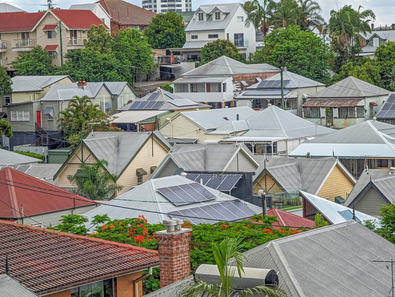 The roofs of several suburban houses.