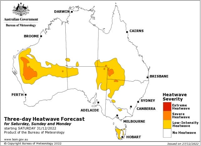 A map of Australia shows the parts of Australia affected by a forecast heatwave beginning on New Year's Eve. WA's Pilbara, Queensland, NSW and South Australia are impacted. 
