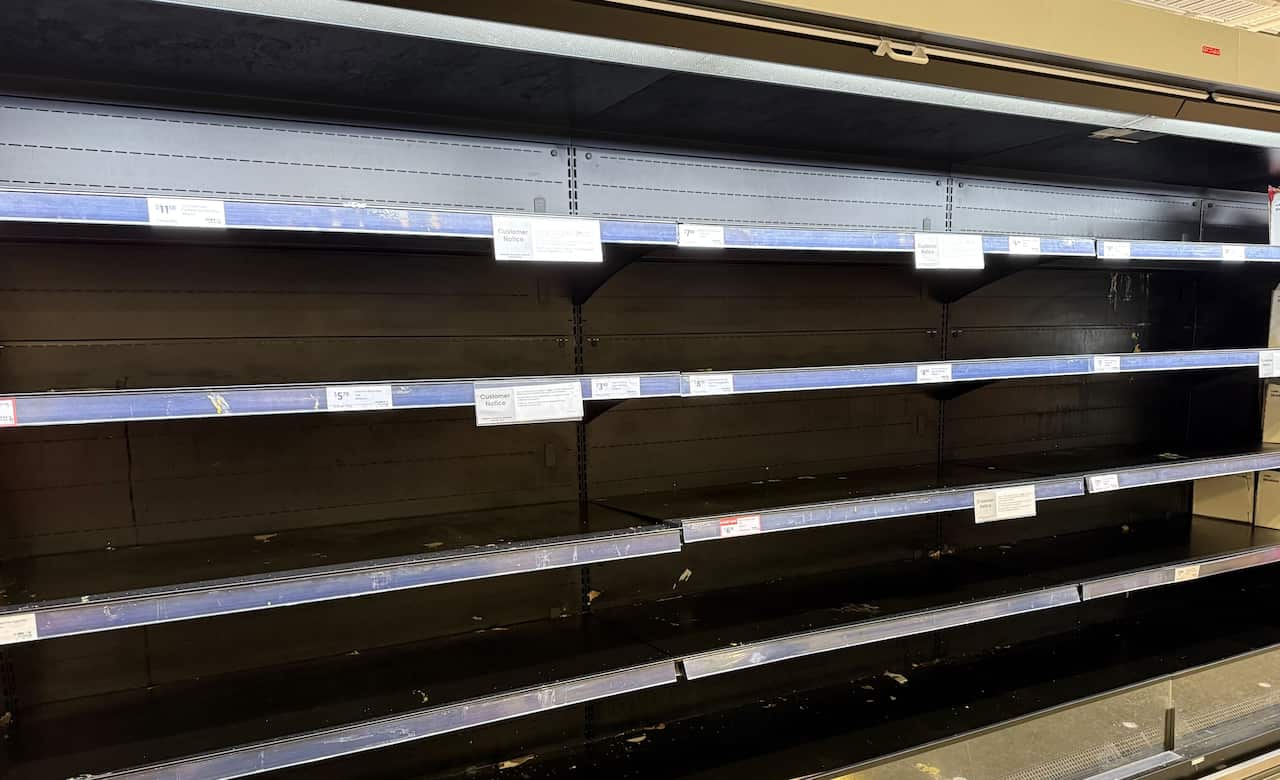 Empty shelves at a supermarket. 