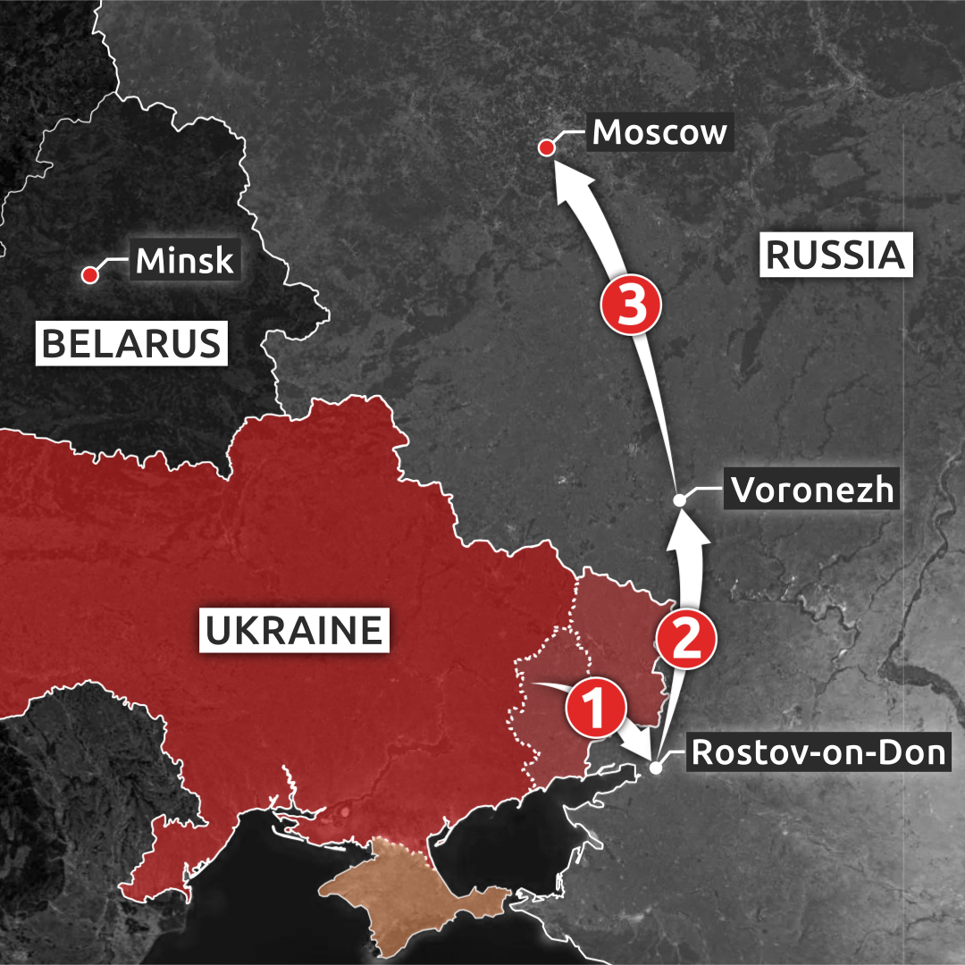 A map with arrows from occupied eastern Ukraine into the Russian city of Rostov-on-Don, then via Voronezh to Moscow.