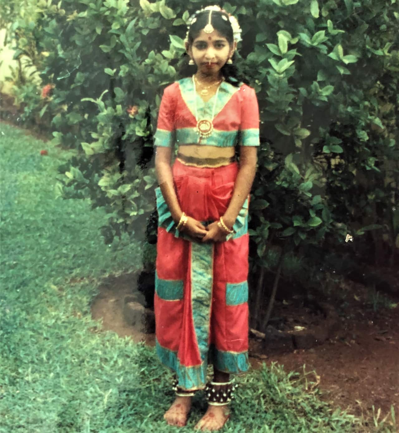 Dr Brindha Shivalingham aged 10 in traditional dance costume in Sri Lanka.