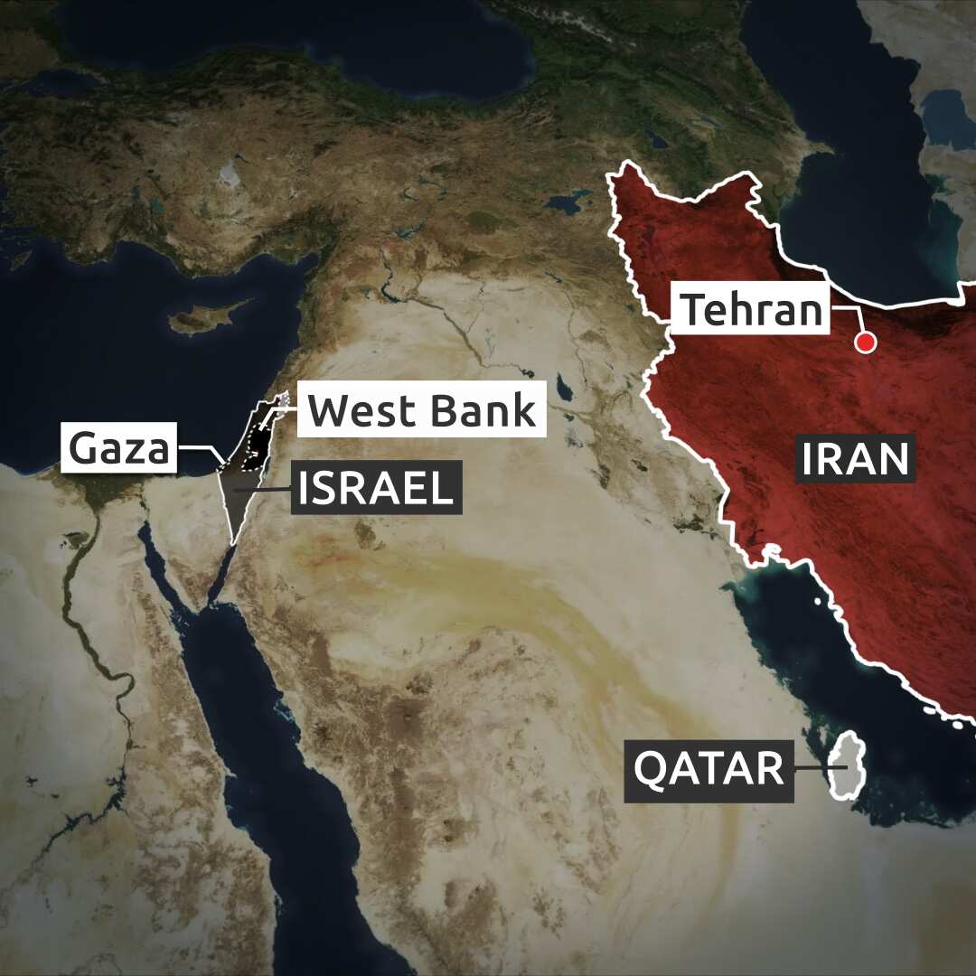 A map showing Tehran inside Iran, as well Israel, Qatar, Gaza and the West Bank.
