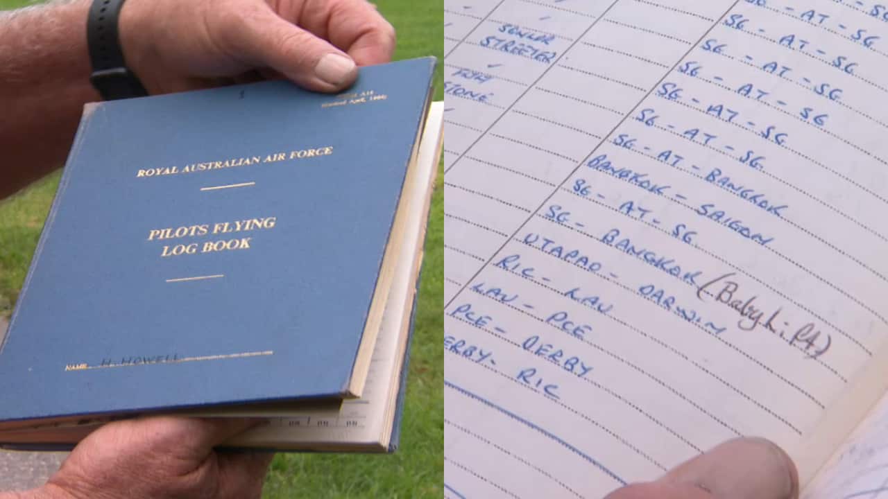 Split image: (Left) a blue book with gold writing on the front that reads Pilots Flying Log Book and (right) a list of flights written in pen