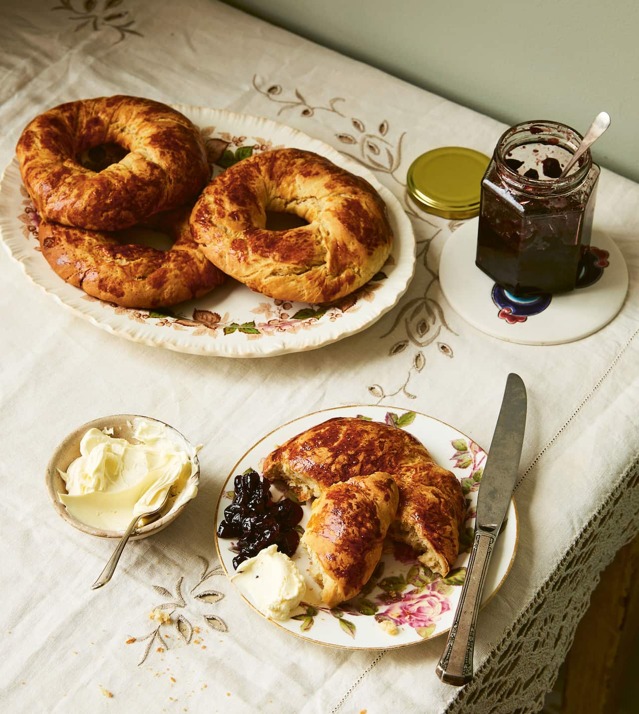 Turkish butter bun rings, served with cherry jam and clotted cream.