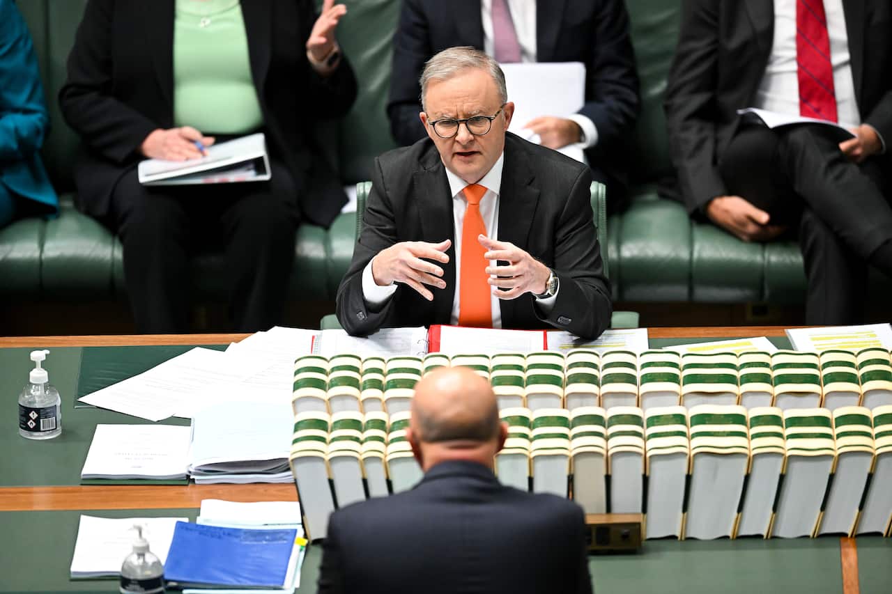 Anthony Albanese speaks to Peter Dutton in Question Time.