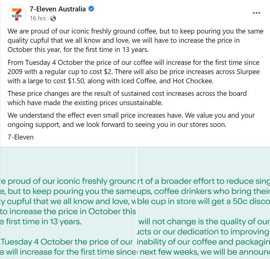 7-11 Facebook 加價聲明