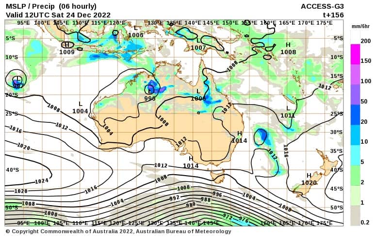 A map of Australia showing the weather systems affecting temperature and rainfall for Christmas eve. 