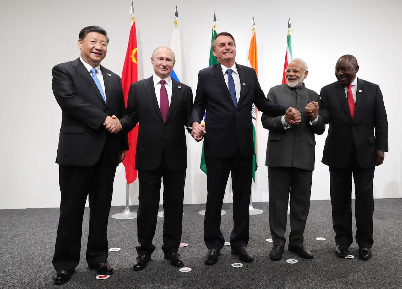 Chinese President Xi Jinping, Russian President Vladimir Putin, then Brazilian President Jair Bolsonaro, Indian Prime Minister Narendra Modi and South African President Cyril Ramaphosa.