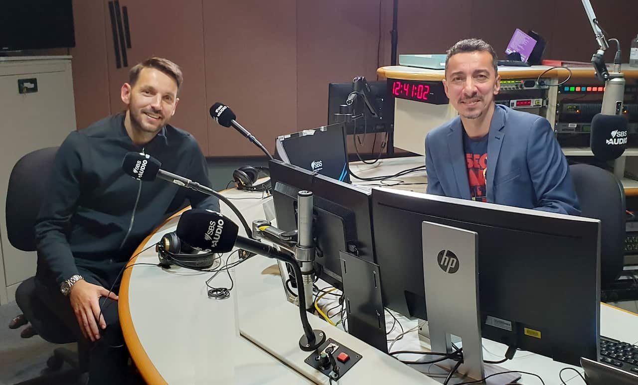 A-league star Milos Ninkovic in the SBS studio with the SBS Serbian producer and journalist Branko Cvetojevic