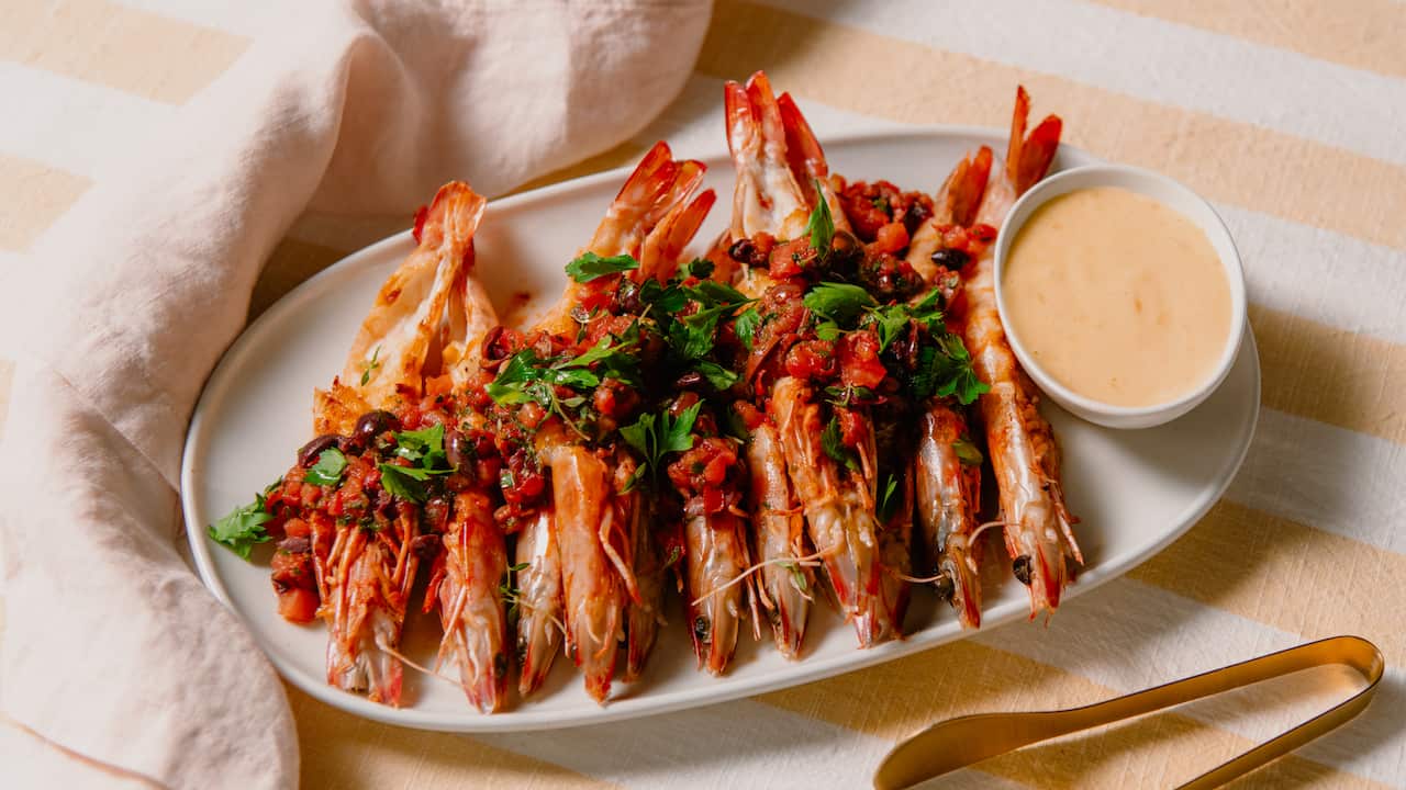 Grilled prawns with tomato and olive salsa & roast garlic aioli