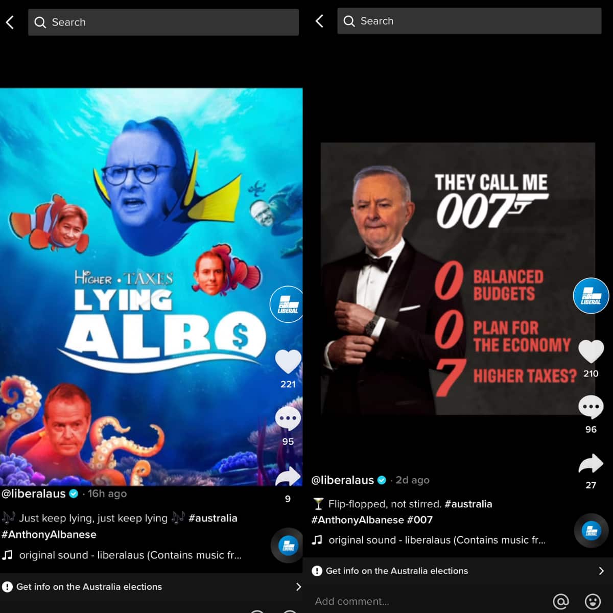 Screenshots from Tiktok videos from the Liberal Party. One edited image superimposes Opposition leader Anthony Albanese's face on the 'Finding Dory' movie poster with the title 'Lying Albo'. The other is a James Bond meme.