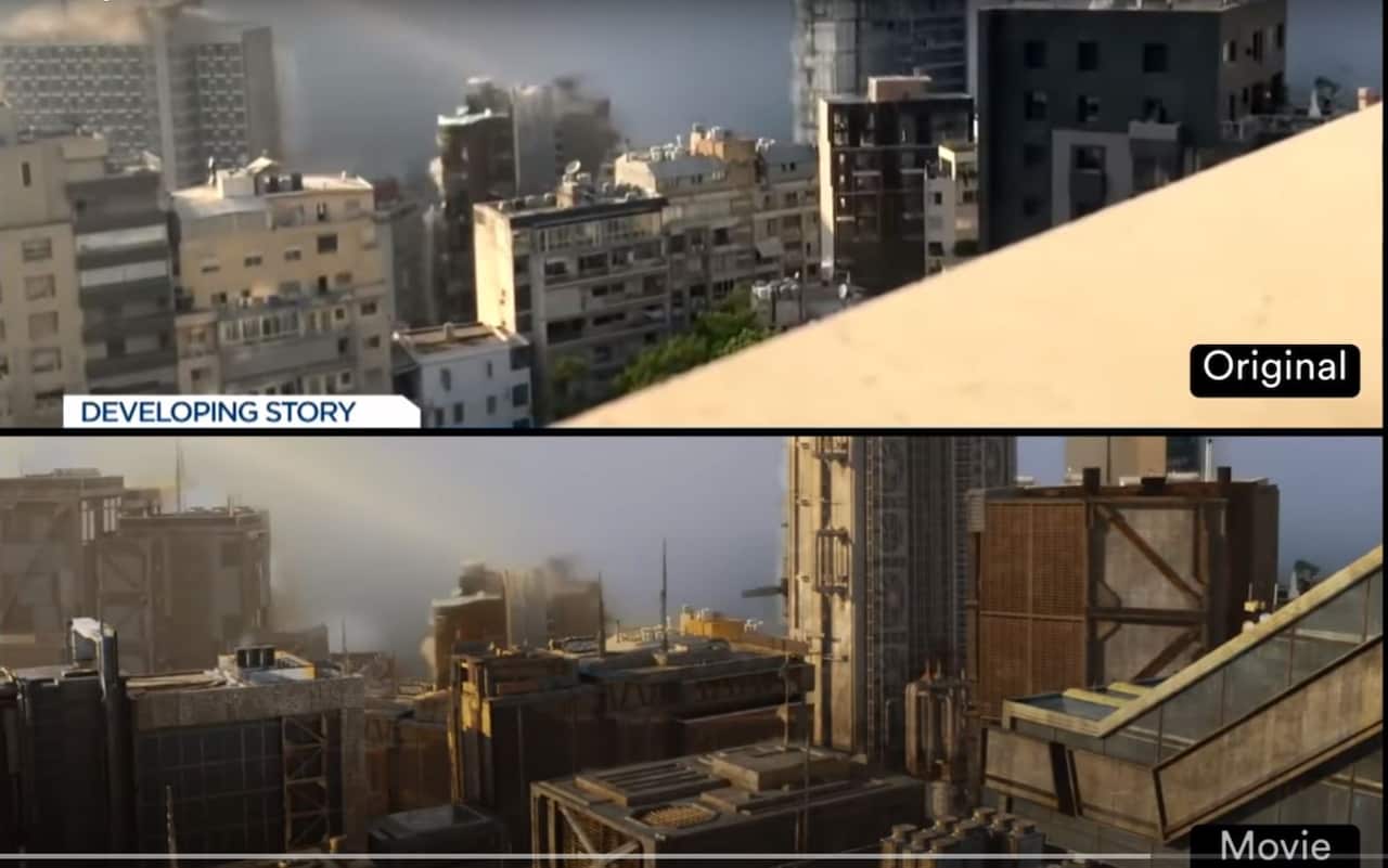 A screenshot from a YouTube video showing original footage of the Beirut blast and a scene from The Creator movie trailer.