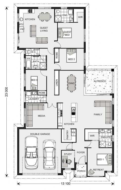 Floorplan showing large living areas and separate spaces to cater towards multi-generational living