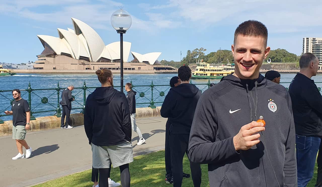Partizan BC captain Vanja Marinkovic speaks to media in Sydney