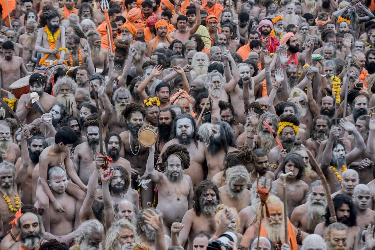 A group of naked holy men called 'Naga Sadhus' arrive at the Maha Kumbh Mela on 14 January. 