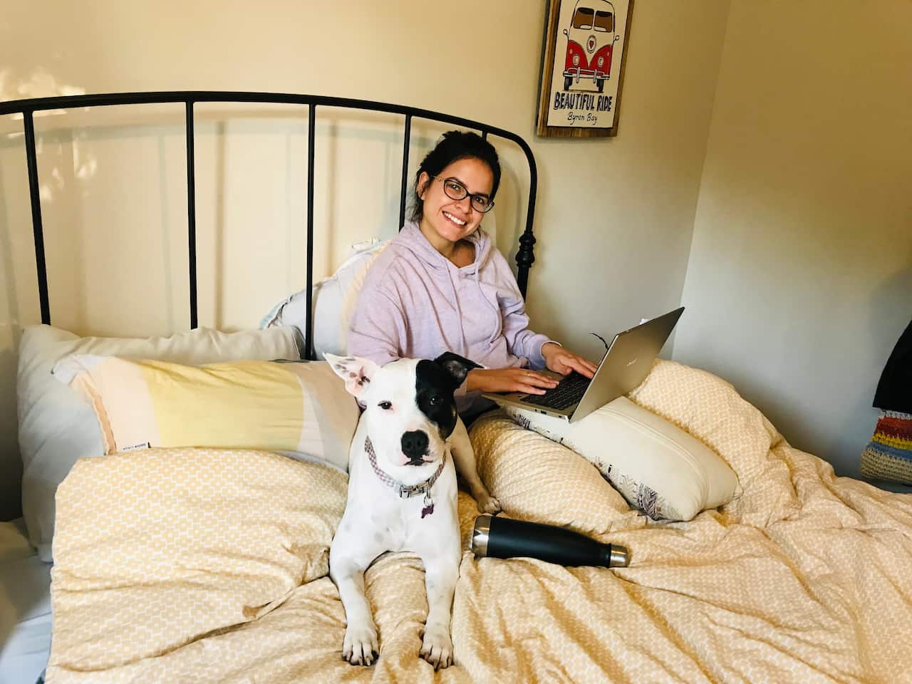A woman sitting up in bed with a dog and laptop.